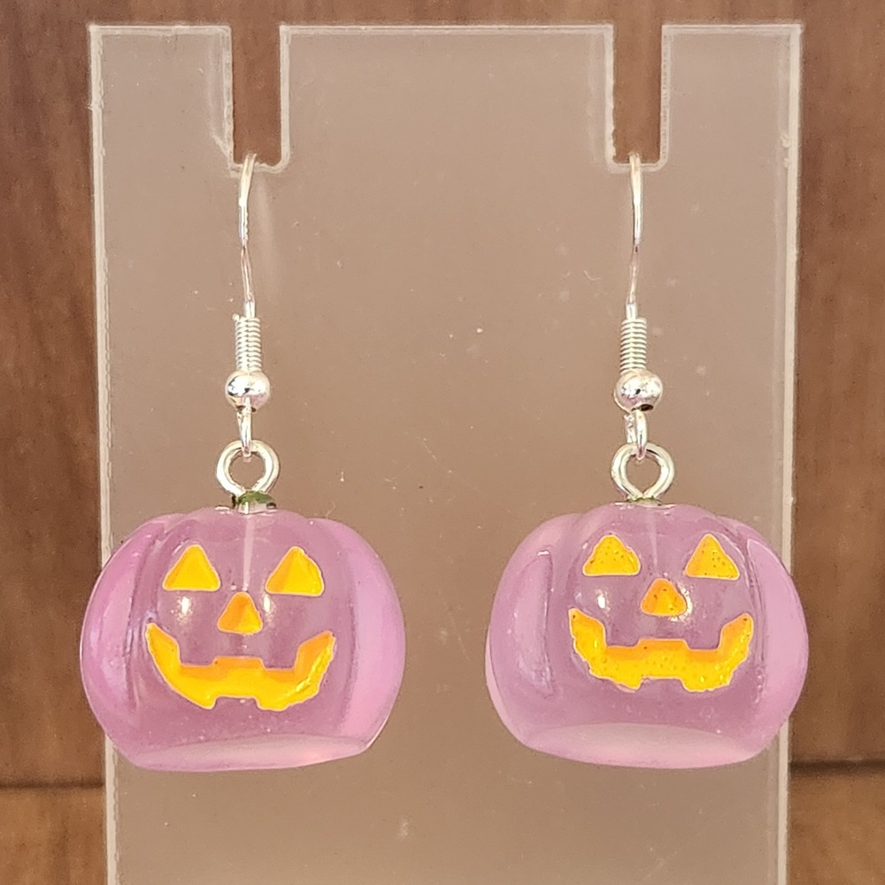 Purple Pumpkin Jack-O-Lantern Halloween Dangle Earrings Spooky Pastel Goth